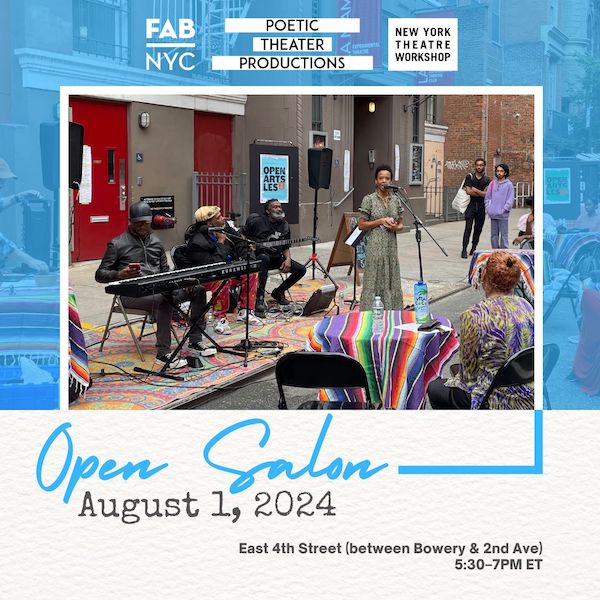 Open Salon August 1, 2024, Image of artist at microphone with band behind them on the sidewalk.